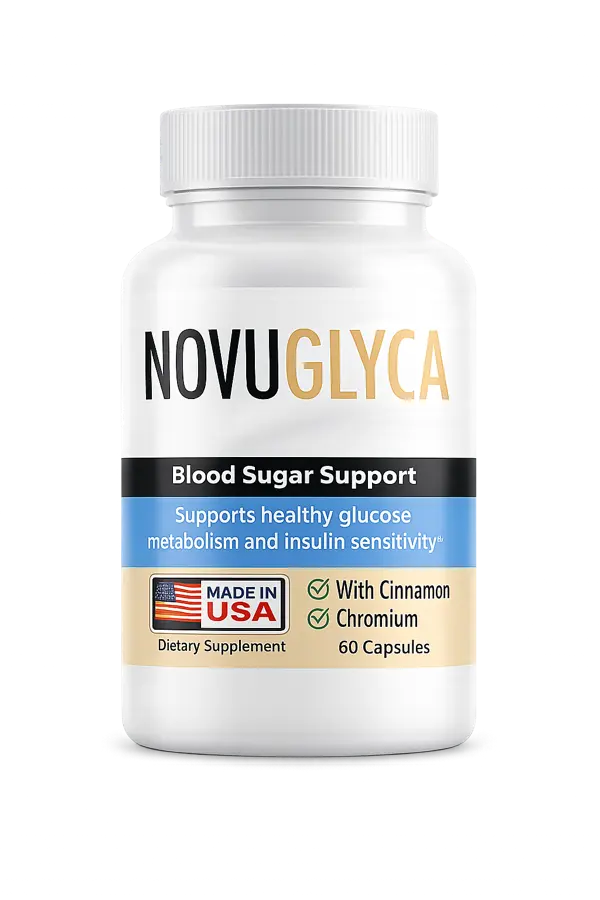 Single NovuGlyca bottle showing capsule supplement packaging